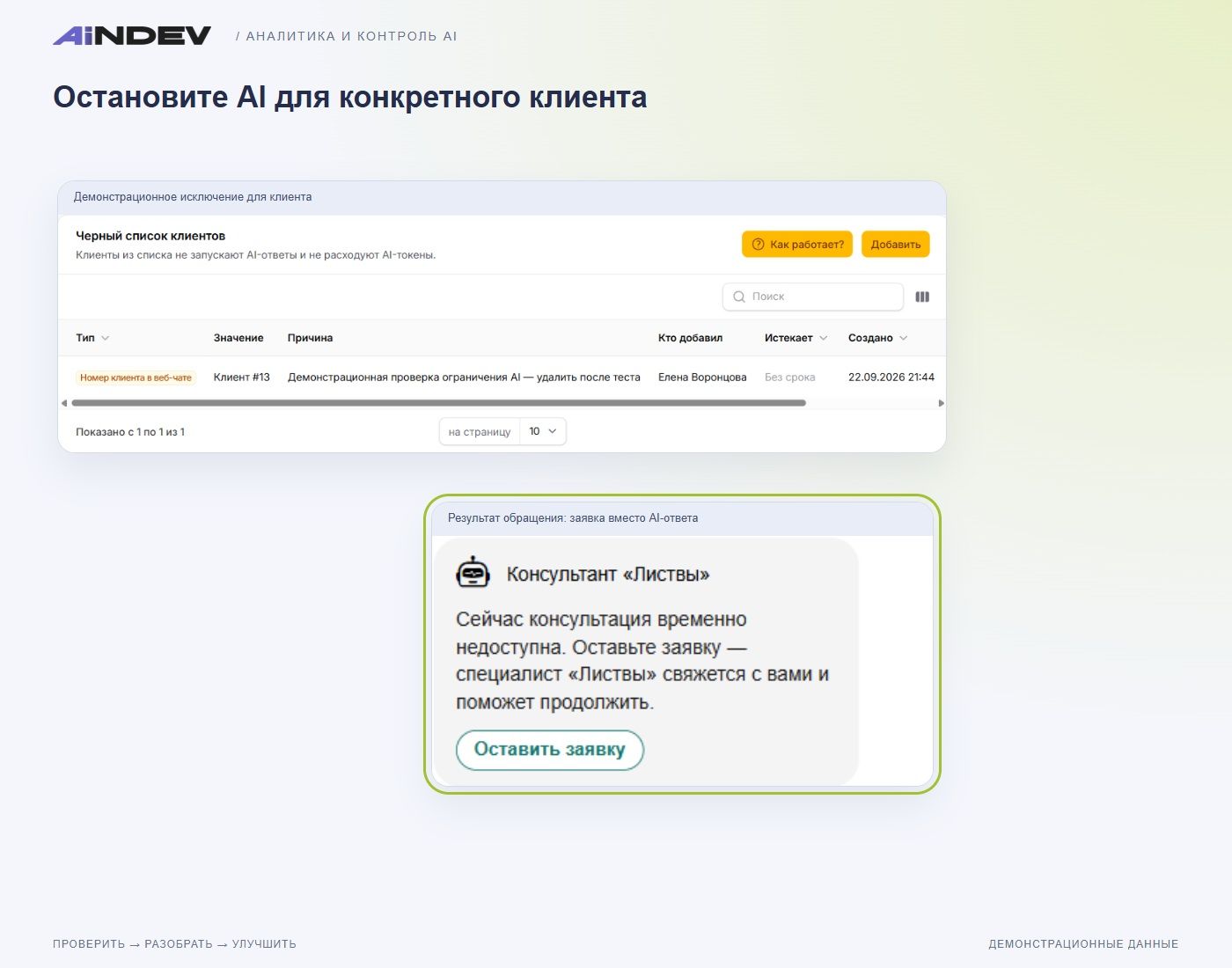 Сообщение тестовому клиенту при ограничении AI