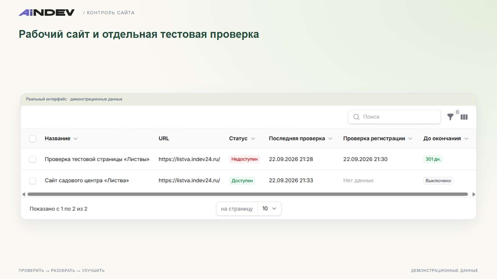 Рабочий сайт и отдельная тестовая проверка