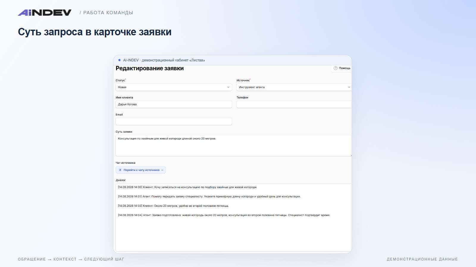 Суть запроса в карточке заявки